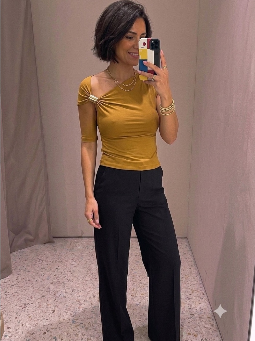 Zara Asymmetric One-Shoulder Short Sleeve Top in Mustard